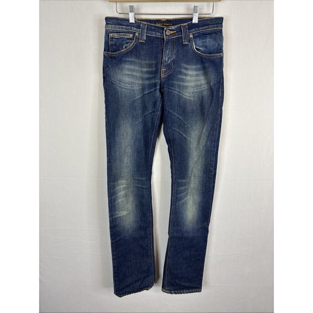 Nudie Jeans Super Slim Kim Natural Dark Mens 29x33 Raw Look Orange Stitch